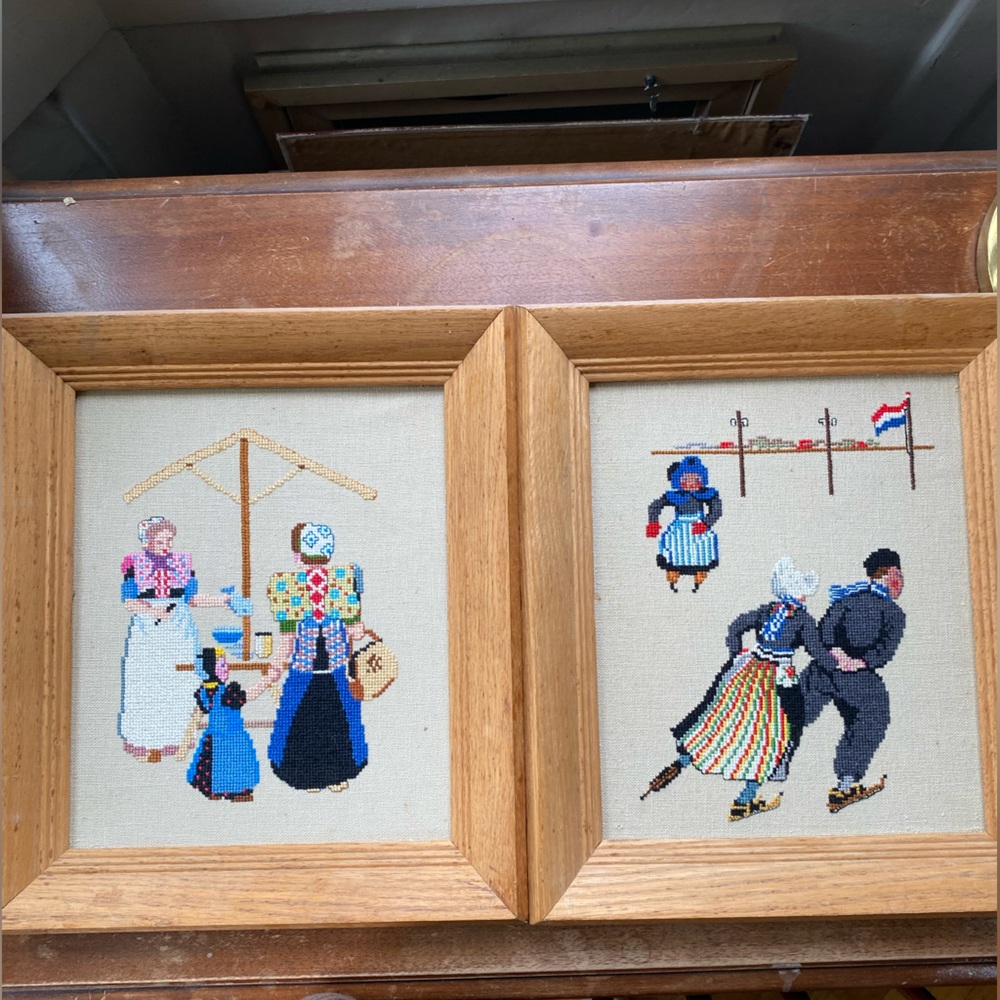 Wood Framed Dutch Folk Art Embroidery Needlepoint Art Pair.